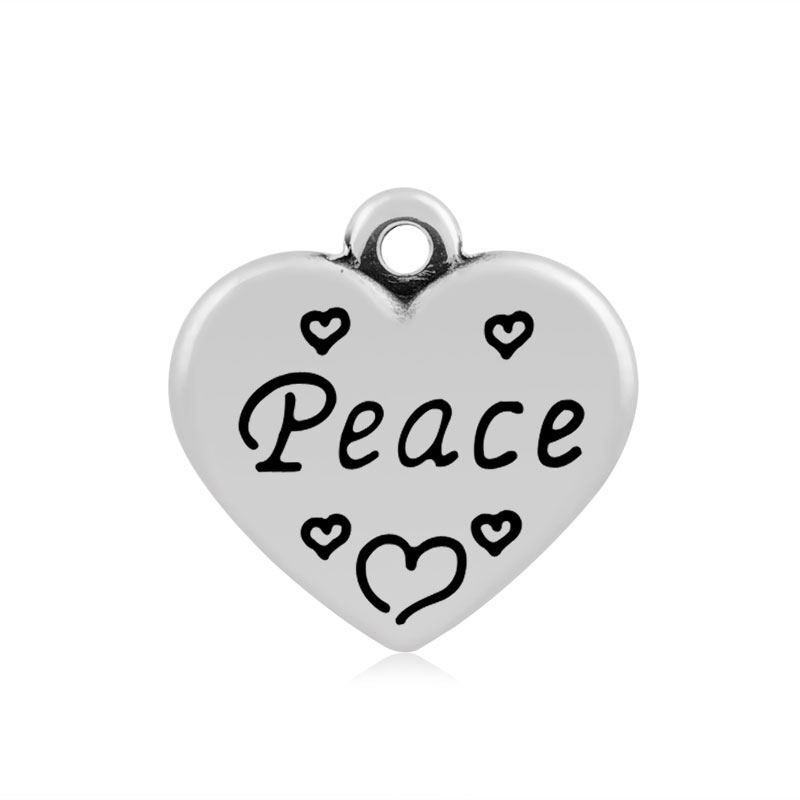 PandaHall Heart with Word Peace 316 Stainless Steel Pendants, Antique Silver, 16x16.5x4mm, Hole: 2mm Stainless Steel Heart