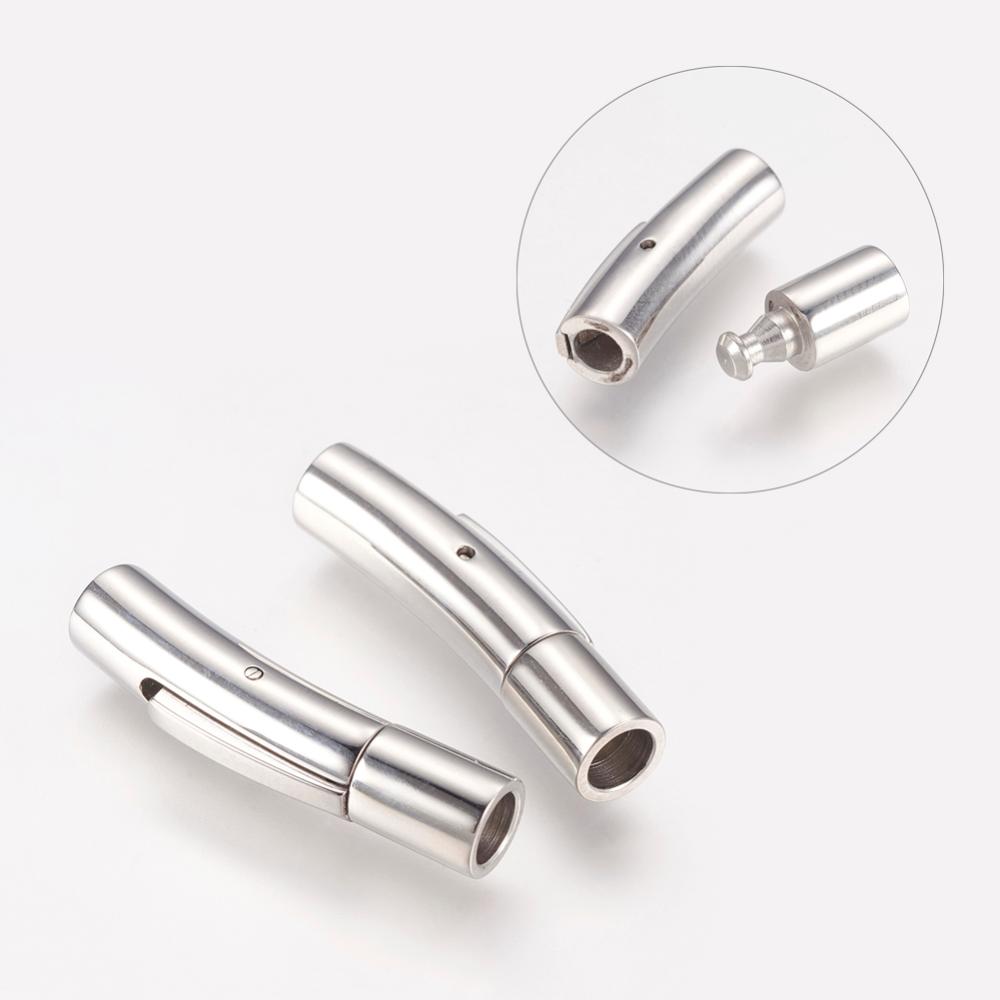 PandaHall Tube 304 Stainless Steel Bayonet Clasps, Jewelry Findings, Stainless Steel Color, 28x5.5mm, Hole: 4mm Stainless Steel