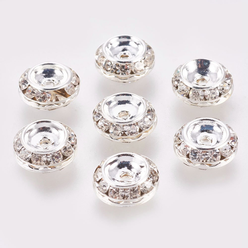 PandaHall Brass Rhinestone Beads, Flat Round, Silver, 13x6mm, Hole: 2mm Brass+Rhinestone Flat Round Silver