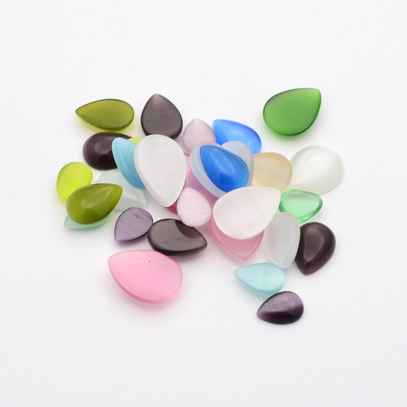 PandaHall Mixed Drop Cat Eye Cabochons, Mixed Color, 10~22x7~15x3.5~5mm, about 200g/bag Glass Drop Multicolor