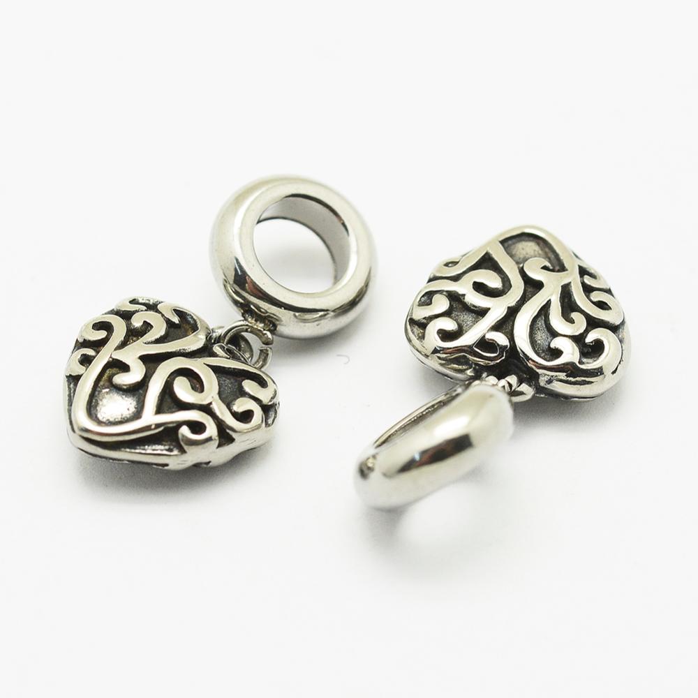 PandaHall 304 Stainless Steel European Dangle Pendants, Heart, Large Hole Pendants, Antique Silver, 22mm, Hole: 5mm Stainless Steel Heart
