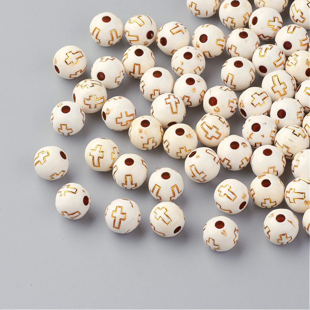 PandaHall Plating Acrylic Beads, Golden Metal Enlaced, Round with Cross, Beige, 8mm, Hole: 2mm; about 1800pcs/500g Acrylic Round Yellow