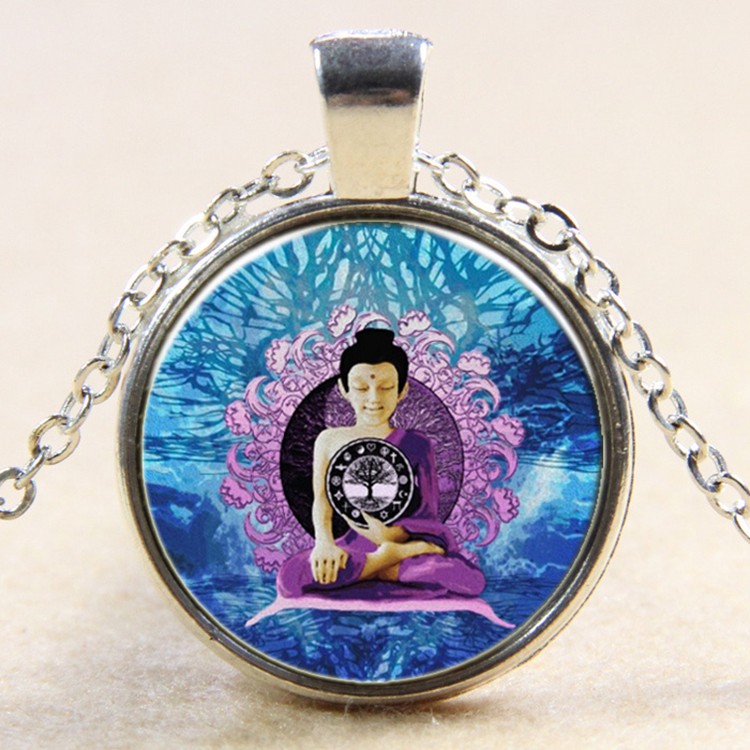 PandaHall Flat Round with Meditative Buddha Glass Alloy Pendant Necklaces, Silver, 17.7" Glass