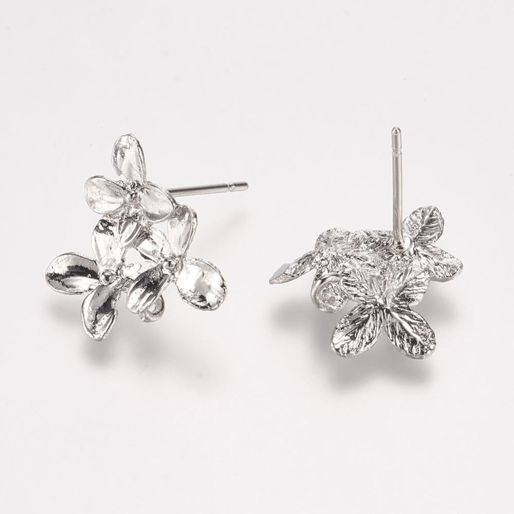 PandaHall Rack Plating Brass Stud Earring Findings, Flower, Silver, 15x14x3mm, Hole: 2mm, pin: 0.5mm Brass Silver