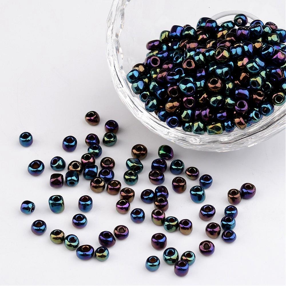 PandaHall 6/0 Electroplated Iris Round Glass Seed Beads, PrussianBlue, 4mm, Hole: 1mm; about 495pcs/50g Glass Blue