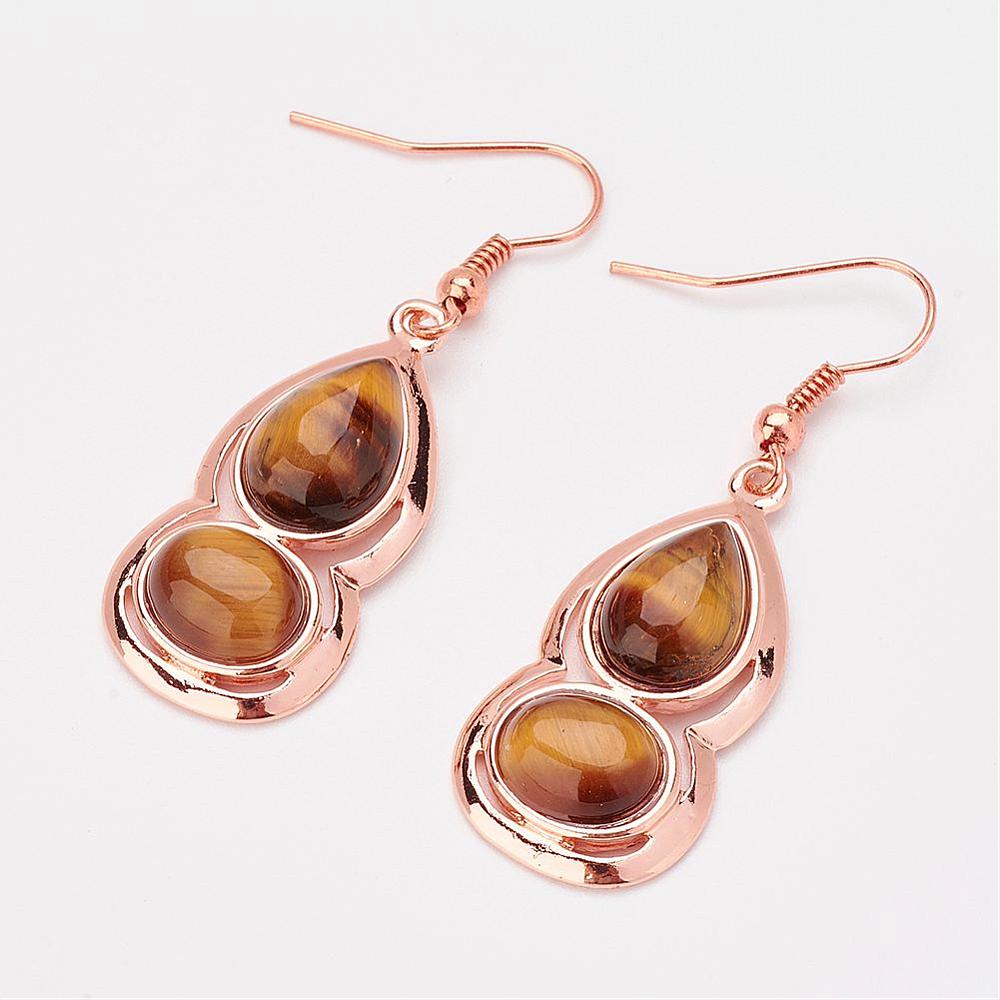 PandaHall Natural Tiger Eye Dangle Earrings, with Brass Findings, 47mm; pin: 0.5mm Tiger Eye Orange