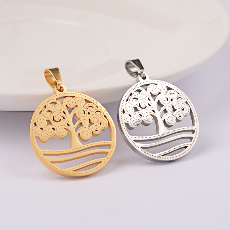 PandaHall 304 Stainless Steel Pendants, Flat Round with Tree, Mixed Color, 27x25x2mm, Hole: 6x4mm Stainless Steel Flat Round