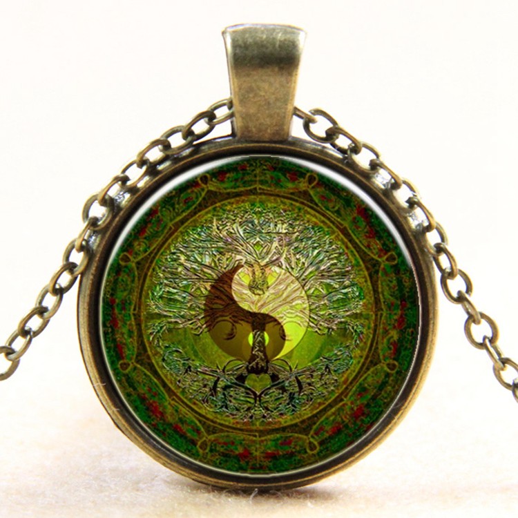 PandaHall Yin Yang with Mandala Pattern Flat Round Glass Pendant Necklaces, with Alloy Chains, Antique Bronze, 18" Glass