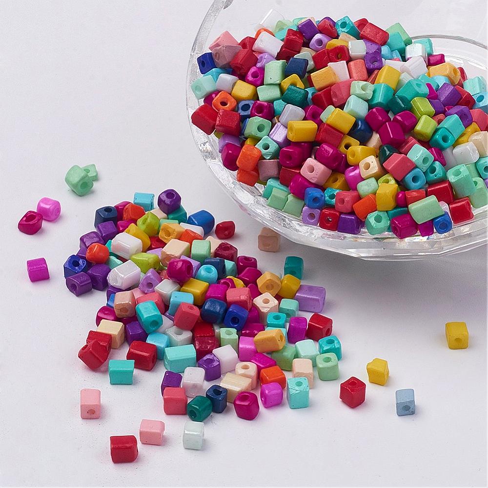 PandaHall Cube Opaque Colours Glass Seed Beads, Round Hole, Mixed Color, 3~7x3x3mm, Hole: 0.5mm; about 500pcs/50g Glass Cube Multicolor