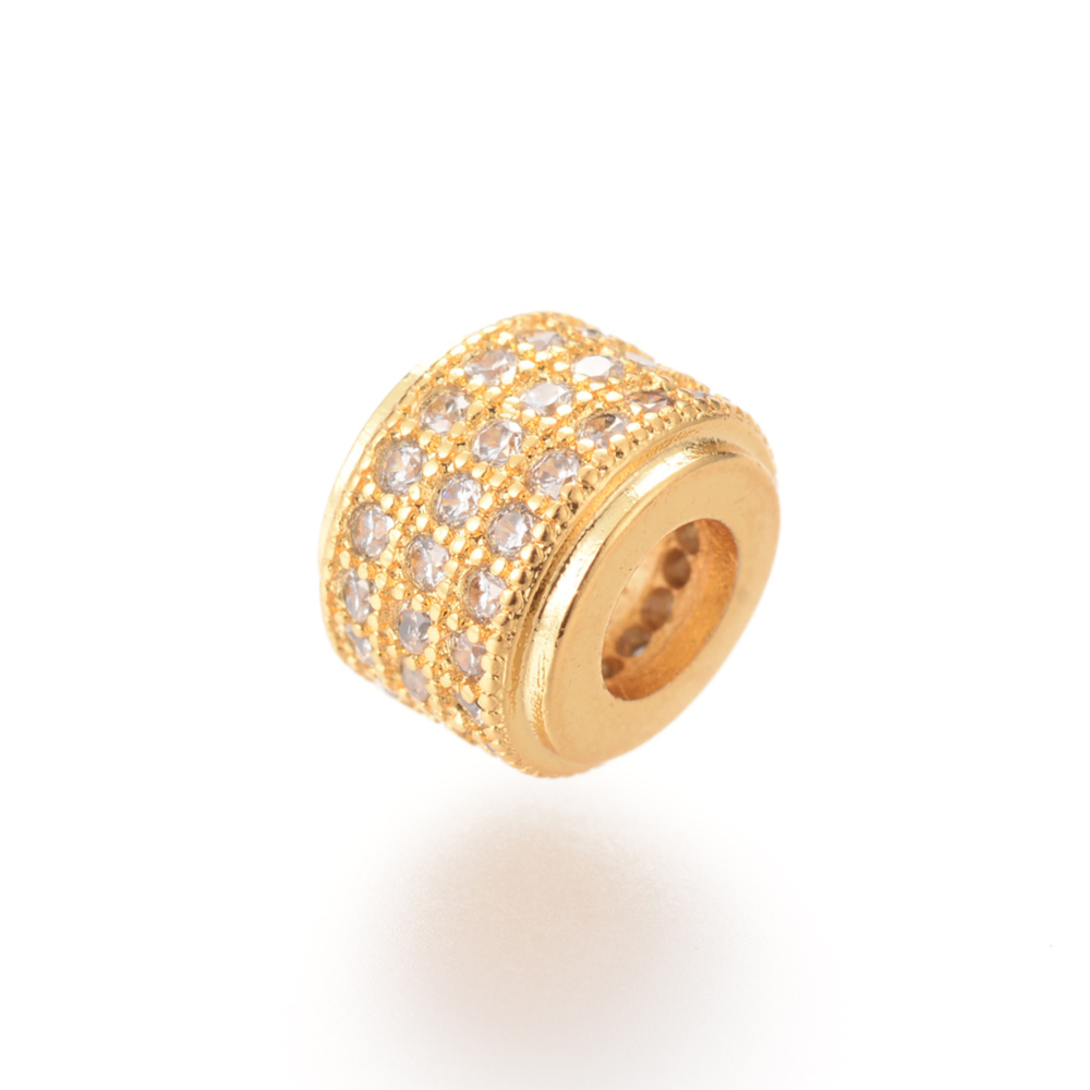 PandaHall Brass Micro Pave Cubic Zirconia Beads, Column, Golden, 9x6.5mm; Hole: 4mm Brass+Cubic Zirconia Column