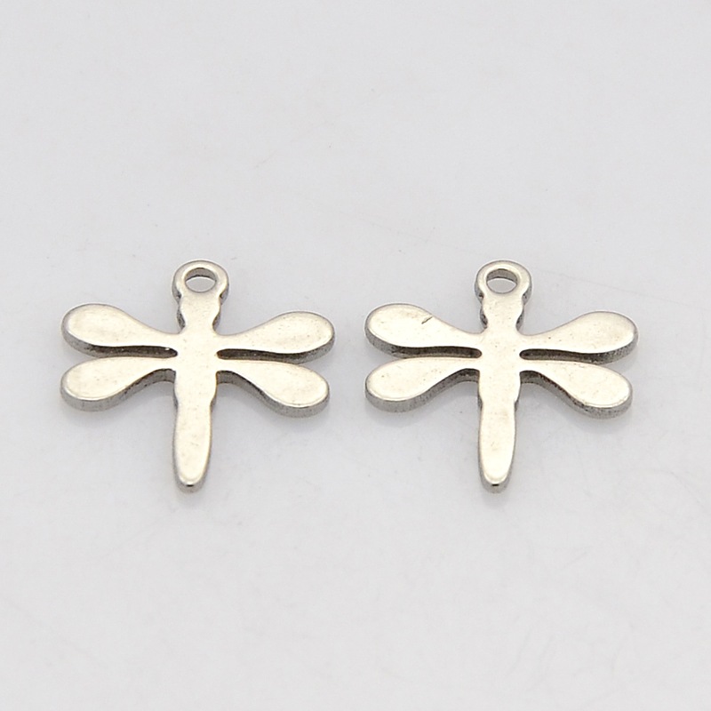 PandaHall Dragonfly 304 Stainless Steel Charms, Stainless Steel Color, 11x10x1mm, Hole: 0.5mm Stainless Steel Dragonfly