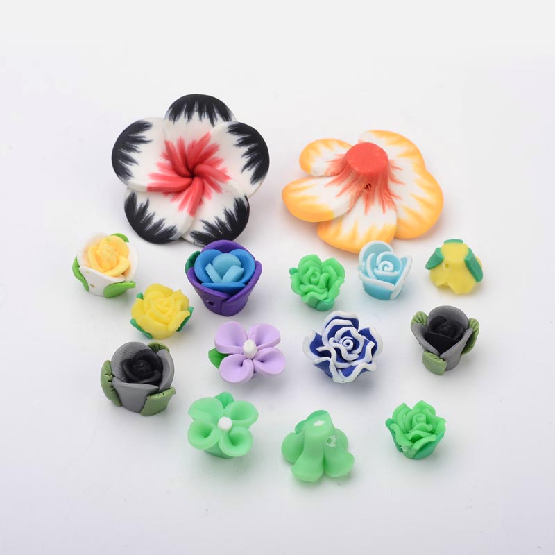 PandaHall Handmade Polymer Clay Cabochons, Flower, Mixed Color, 11~35x8~12mm Polymer Clay Flower Multicolor