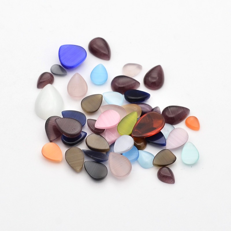PandaHall Mixed Drop Cat Eye Cabochons, Mixed Color, 6~14x4~10x1.5~5.5mm, about 200g/bag Glass Drop Multicolor
