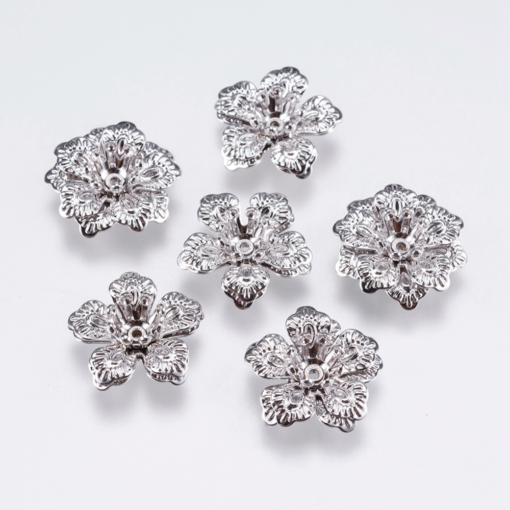 PandaHall 5-Petal Brass Bead Caps, Flower, Real Platinum Plated, 14x5mm, Hole: 1mm Brass