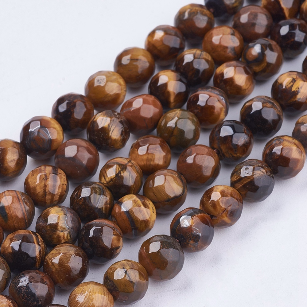 PandaHall Natural Tiger Eye Round Bead Strands, Faceted, 8mm, Hole: 1mm Tiger Eye Round Brown