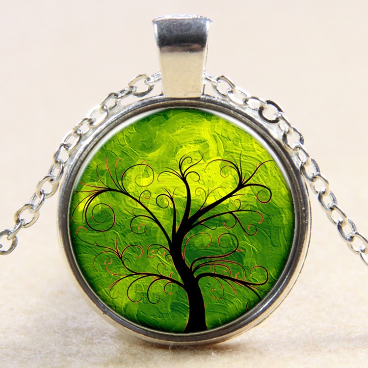 PandaHall Tree Of Life Pattern Flat Round Glass Pendant Necklaces, with Alloy Chains, Silver, 18" Alloy
