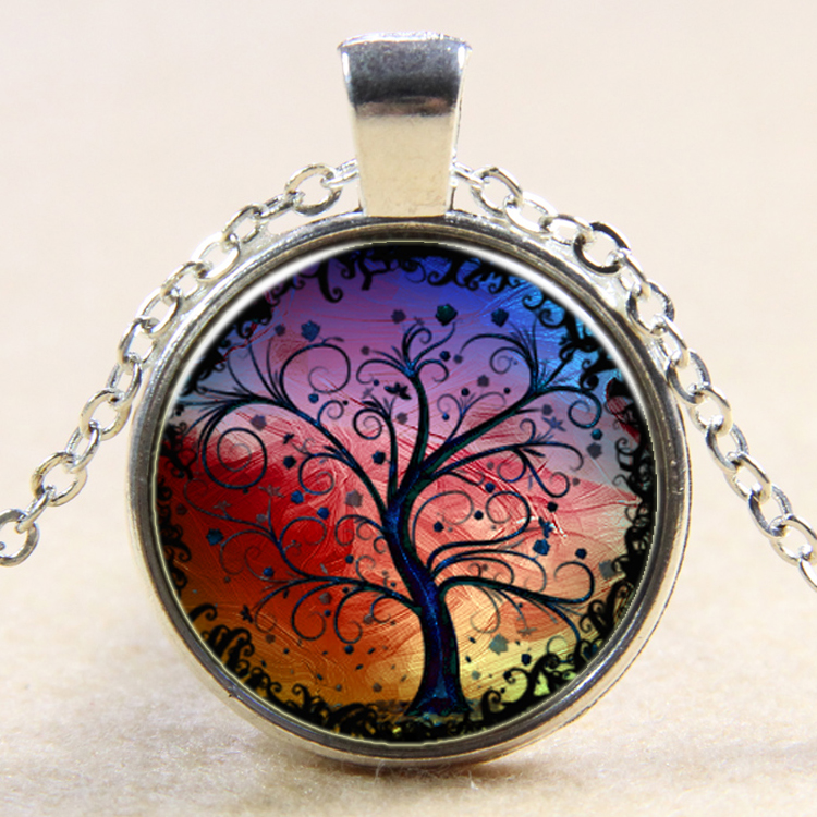 PandaHall Tree Of Life Pattern Flat Round Glass Pendant Necklaces, with Alloy Chains, Silver, 18" Alloy