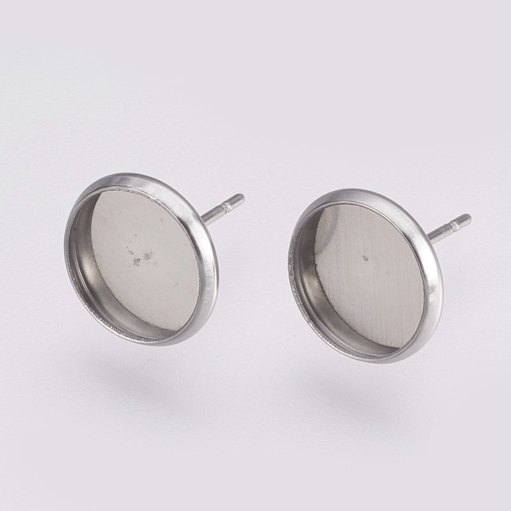 PandaHall 304 Stainless Steel Stud Earring Settings, Flat Round, Stainless Steel Color, Tray: 10mm; 12x2mm; Pin: 0.8mm Stainless Steel