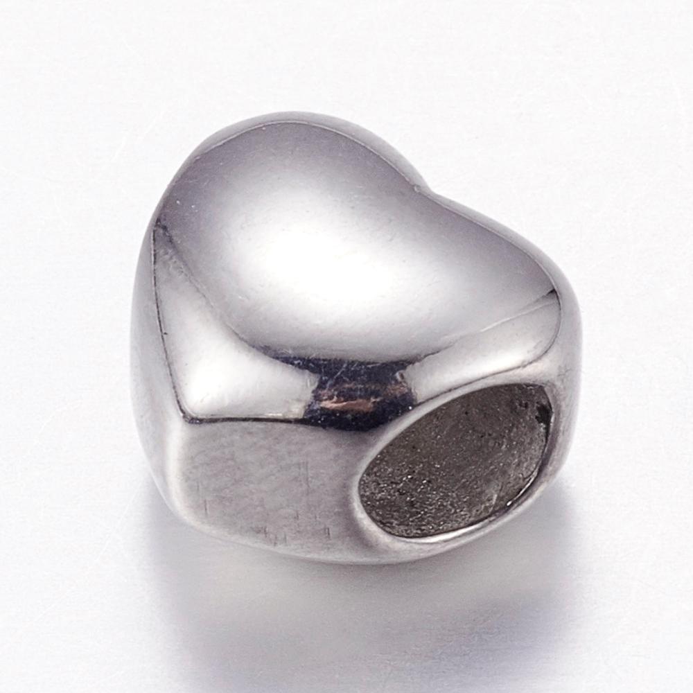 PandaHall 304 Stainless Steel European Beads, Large Hole Beads, Heart, Stainless Steel Color, 10x11x8mm, Hole: 5mm Stainless Steel Heart