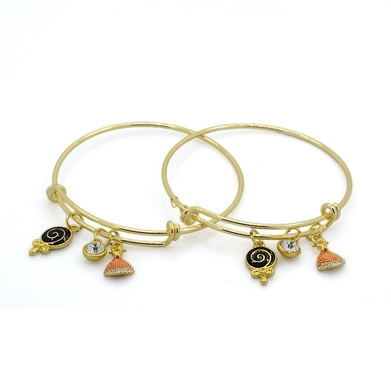 PandaHall Adjustable Golden Tone Brass Bangles Expandable Bangles, with Alloy Rhinestone Charms and Alloy Enamel Charms, Lollipop & Dress...