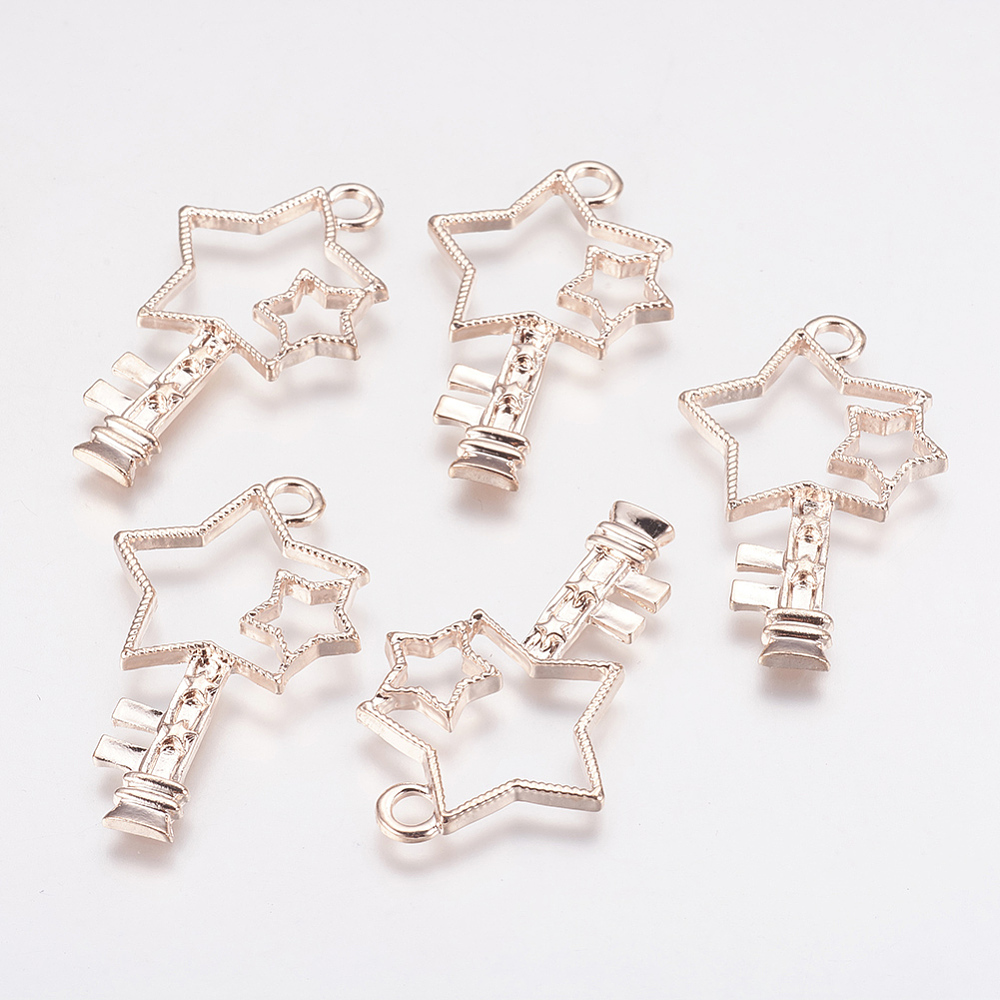 PandaHall Alloy Open Back Bezel Pendants, For DIY Resin, Pressed Flower Jewelry, Star Key, Rose Gold, 39.5x24.5x2.5mm, Hole: 3.5mm Alloy Key
