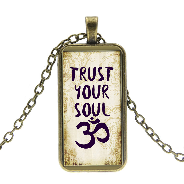 PandaHall Yoga Theme Glass Pendant Necklaces, with Alloy Chains, Rectangle with Ohm, Colorful, 18.5"(47cm) Alloy