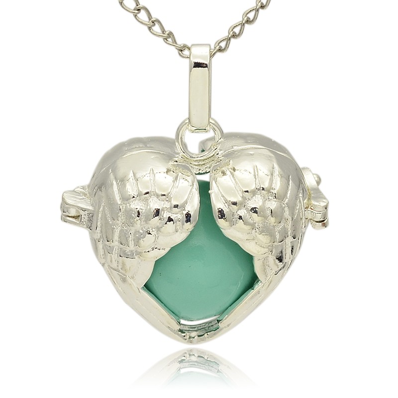 PandaHall Silver Tone Brass Hollow Heart Cage Pendants, with No Hole Spray Painted Brass Ball Beads, MediumTurquoise, 28x30x16mm, Hole...