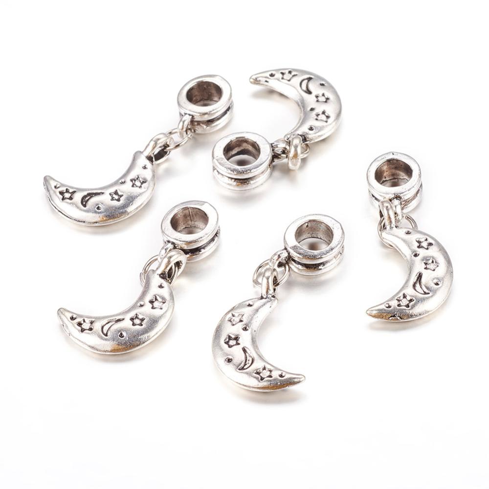 PandaHall Alloy European Dangle Beads, Moon, Antique Silver, 31mm, Hole: 5mm Alloy Moon
