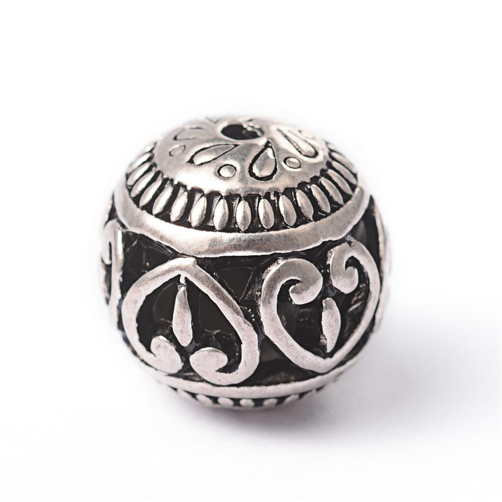 PandaHall Tibetan Style Alloy Beads, Round, Hollow, Antique Silver, 14mm, Hole: 2mm Alloy Round