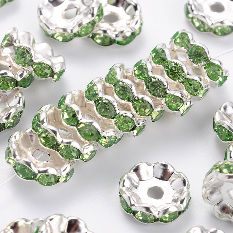 PandaHall Silver Plated Flat Round Brass Acrylic Rhinestone Spacer Beads, Wavy Edge, LightGreen, 10x4mm, Hole: 2mm Brass+Acrylic Rhinestone...