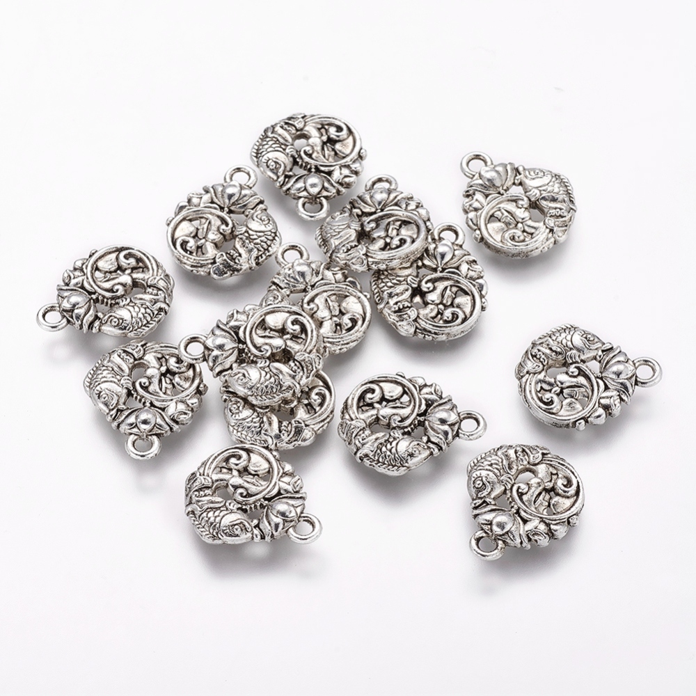 PandaHall Tibetan Style Zinc Alloy Fish Charms, Antique Silver, 17x15x3mm, Hole: 2mm Alloy Fish
