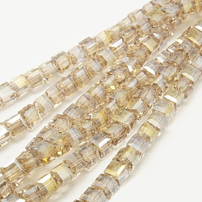 PandaHall Electroplate Glass Beads Strands, AB Color Plated, Faceted, Cube, Wheat, 4x4x4mm, Hole: 1mm Cube Orange