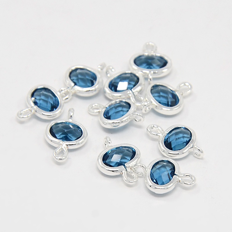 PandaHall Silver Plated Brass Glass Links, Faceted Oval, CornflowerBlue, 12x8x3mm, Hole: 1mm Glass Oval Silver