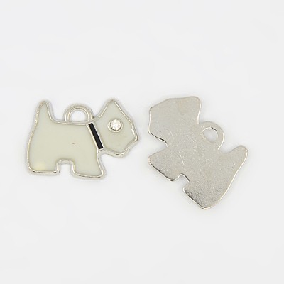 PandaHall Alloy Enamel Pendants, Lead Free and Cadmium Free, with Rhinestone, Dog, Platinum, White, about 16mm long, 20mm wide, 1.5mm thick...