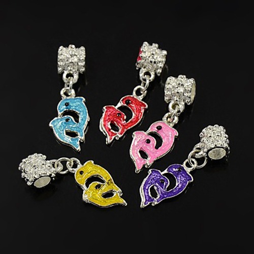 PandaHall Large Hole Pendants, European Dangle Beads, with Enamel, Dolphin, Silver, about 26mm long, 11mm wide, 6mm thick, hole: 4.5mm...