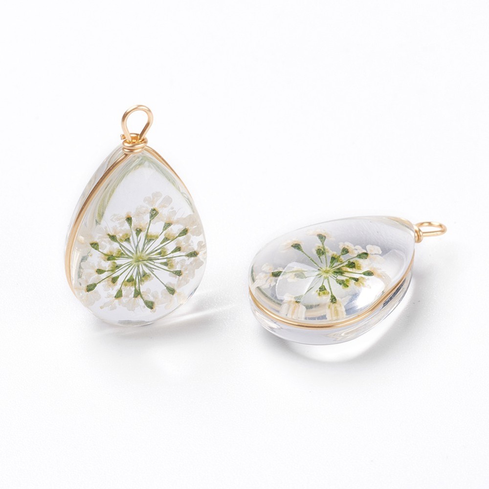 PandaHall Inner Flower Glass Pendants, with Long-Lasting Plated Brass Findings, Nickel Free, Drop, Real Gold Plated, Ivory...