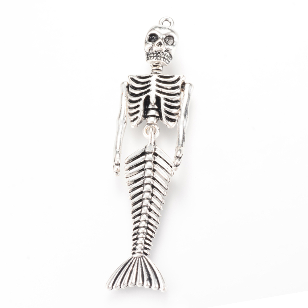 PandaHall Tibetan Style Alloy Big Pendants, Mermaid Skull, Cadmium Free & Nickel Free & Lead Free, Antique Silver, 74x19x9mm, Hole: 2mm...