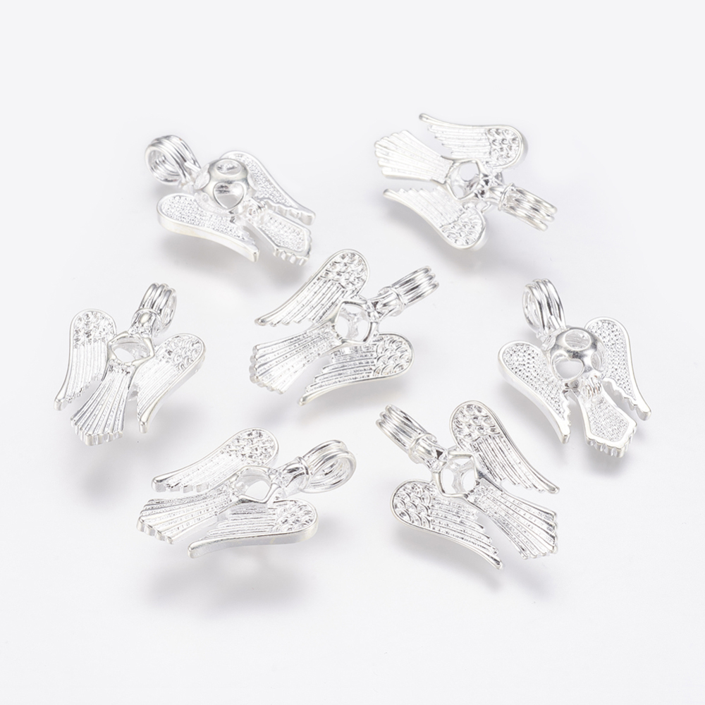 PandaHall Brass Locket Pendants, Cage Pendants, Angel, Silver, 30x19x9mm, Hole: 4x9mm; Inner: 7.5mm Brass Angel & Fairy Silver