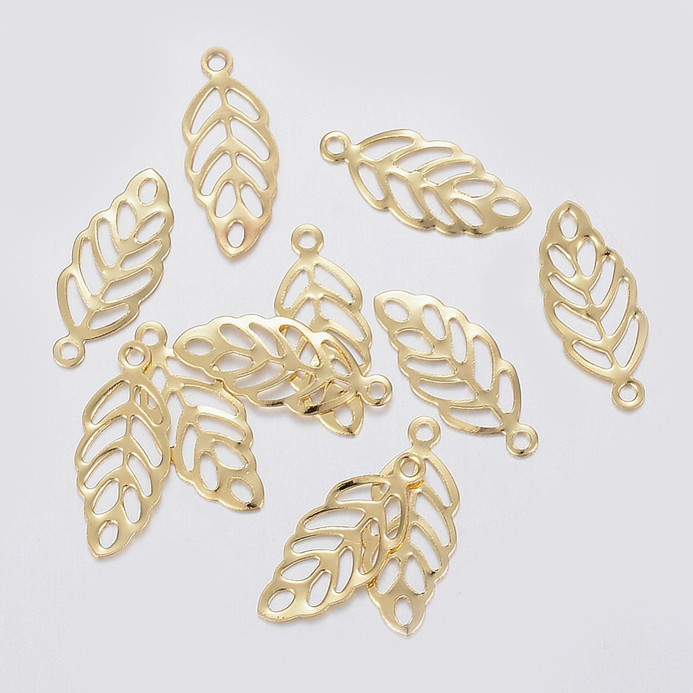 PandaHall 304 Stainless Steel Charms, Leaf, Golden, 13x5.5x0.3mm, Hole: 1mm Stainless Steel Leaf