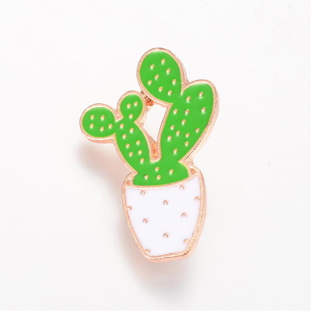 PandaHall Alloy Enamel Brooches, with Brass Finding, Cactus, Light Gold, LimeGreen, 32.5x21mm; Pin: 1.2mm Alloy Green