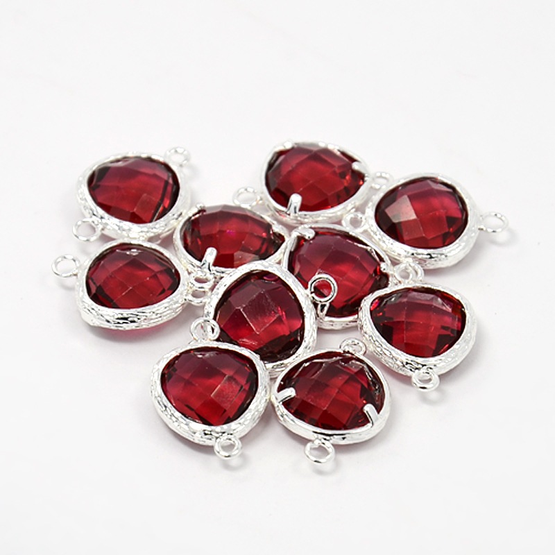 PandaHall Silver Plated Brass Glass Links, Faceted Triangle, DarkRed, 19x13x5.5mm, Hole: 1mm Glass Triangle Silver