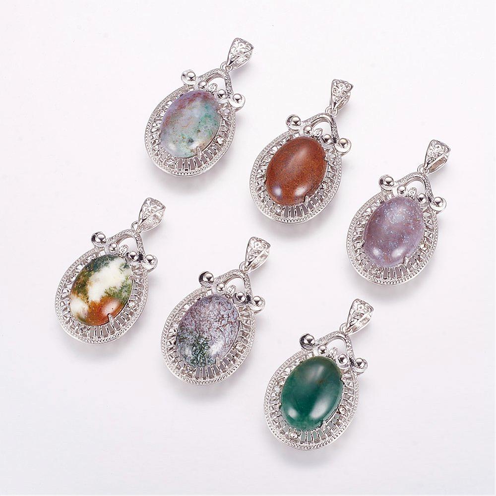PandaHall Natural Indian Agate Pendants, with Platinum Tone Brass Rhinestone Findings, Oval, 43.5~44.5x28~29x14.5~15mm, Hole: 6x10mm Indian...