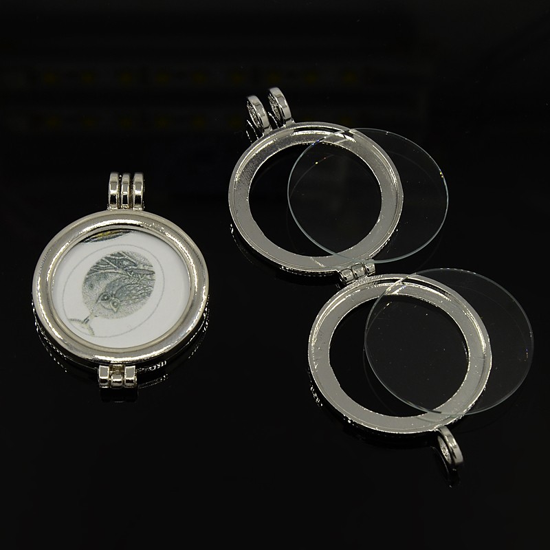 PandaHall Tibetan Style Photo Frame Locket Pendants, with Glass Cabochons, Lead Free & Nickel Free, Flat Round, Platinum, 48x35x6mm, Hole...
