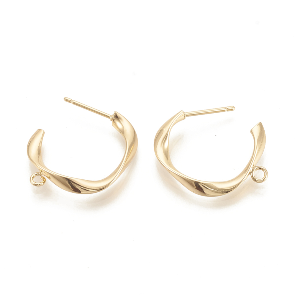 PandaHall Brass Stud Earring Findings, Twisted, Real Gold Plated, 34x32x3mm, Hole: 2mm; Pin: 0.8mm Brass