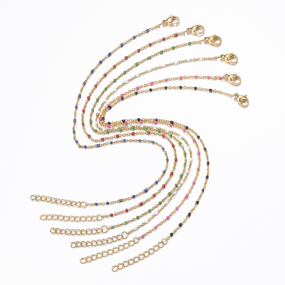 PandaHall 304 Stainless Steel Cable Chain Anklets, with Enamel Links, Golden, Mixed Color, 9"(23cm); 1.5~2mm Stainless Steel Multicolor