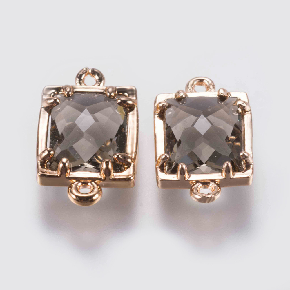 PandaHall Glass Links, with Brass Finding, Faceted, Rectangle, Golden, Gray, 15x9x4mm, Hole: 0.6mm Brass Rectangle Gray