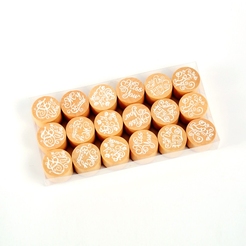 PandaHall English Word Wooden Rubber Stamp Sets: A Total of 6 Design, Each Design is 3, with Word, 18x9x2.5cm; about 18pcs/box Wood