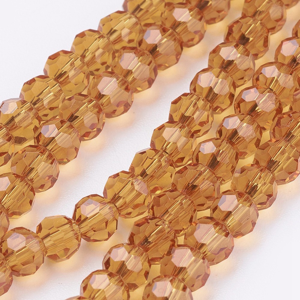 PandaHall Glass Beads Strands, Faceted, Round, Goldenrod, 4mm, Hole: 1mm; about 100pcs/strand, 13.7" Glass Round Gold