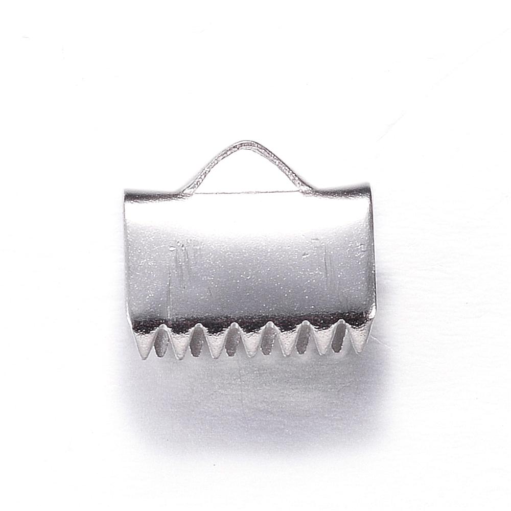 PandaHall 304 Stainless Steel Ribbon Ends, Stainless Steel Color, 10x11x6mm, Hole: 3x2mm Stainless Steel