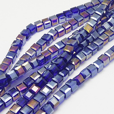 PandaHall Electroplate Glass Beads Strands, AB Color Plated, Faceted, Cube, BlueViolet, 4x4x4mm, Hole: 1mm Cube Purple